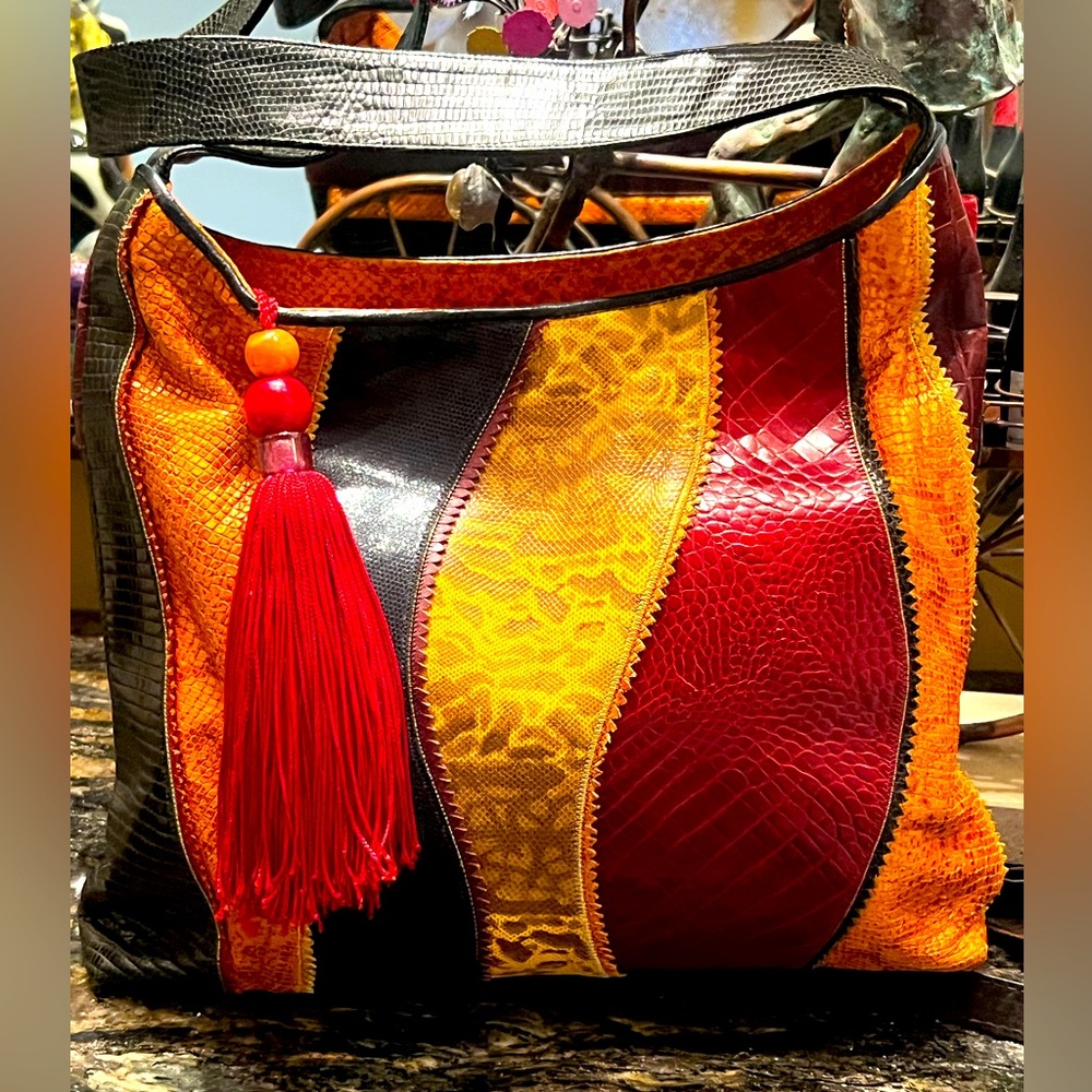 RARE VINTAGE SHARIF PATCHWORK PURSE SNAKESKIN TASSEL MULTICOLOR ♥️ HANDBAG BAG